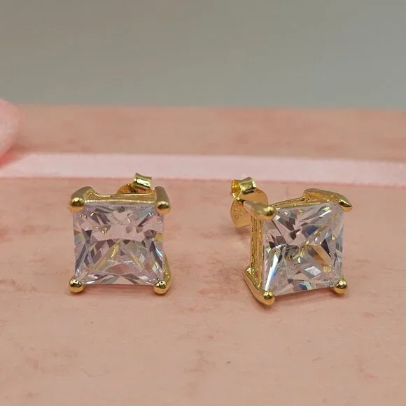 Sterling Silver 925 Gold Plated Square Basket Clear CZ Stud Earrings 9mm