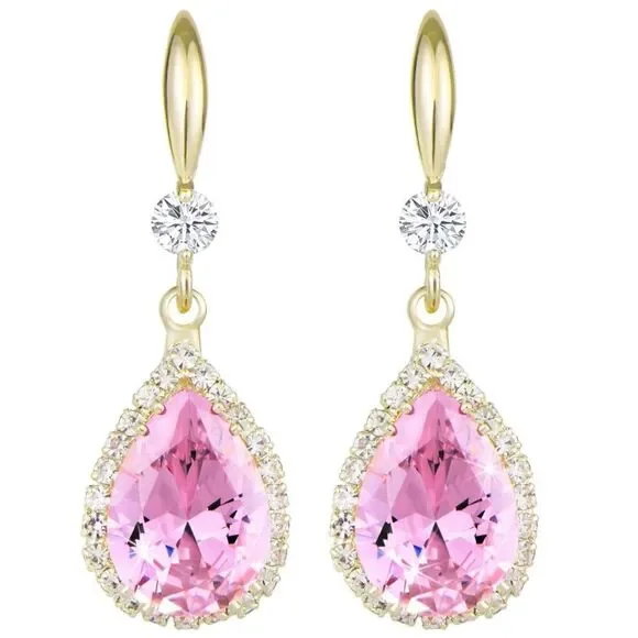 14K Yellow Gold with Pink Sapphire Cubic Zirconia Teardrop Hook Dangle Earrings