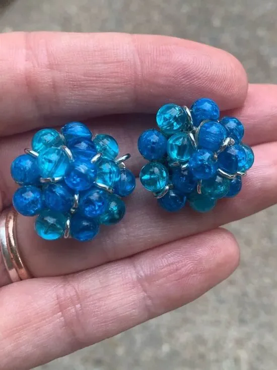 VTG 1950's Germany Blue Glass Crystal Button Cluster Clip Earrings