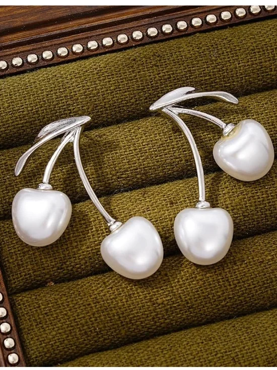 Anthropologie Silver Cherry Pearl Drop Earrings - White & Silver