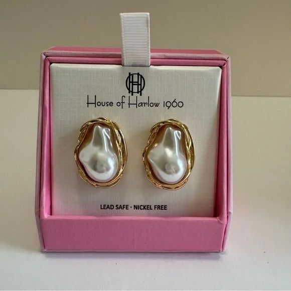 House of Harlow 1960 Faux Baroque Pearl Gold Tone Statement Stud Earrings NIB