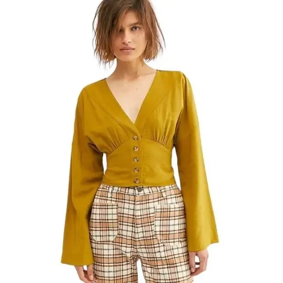 Free People Mustard Yellow Long Sleeve Smocked Forever Yours Cropped Top Size S
