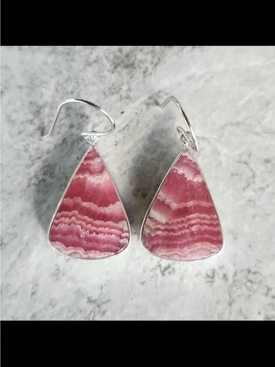 Pink Teardrop Rhodochrosite Drop Earrings - Sterling Hook