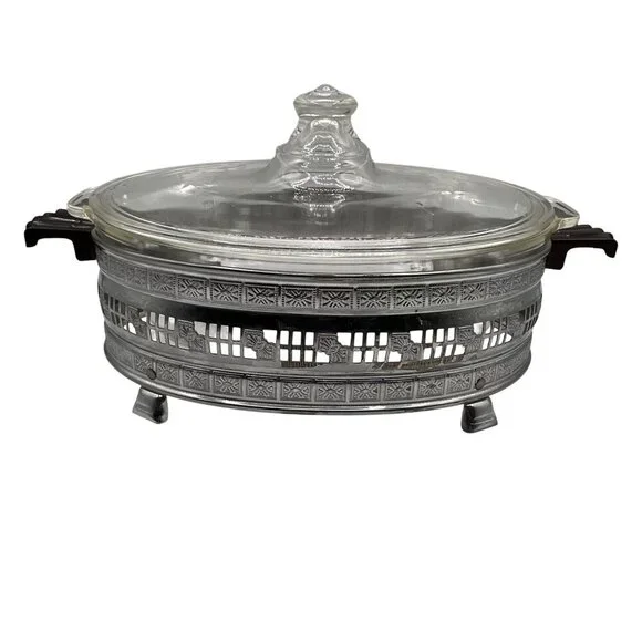 Pyrex 1.5qt Vintage Oval Glass Casserole Dish Etched Silver Plated Footed Holder
