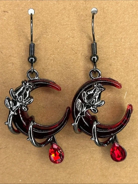 Red Crescent Moon Floral Drop Earrings - Women Fashion Jewelry