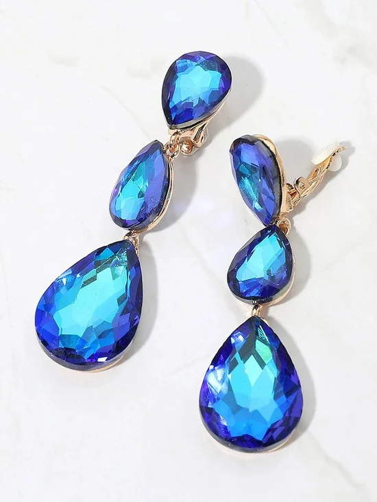 Blue Dangle Crystal Clip On Earrings 3 Inch Triple Tear Drop ClipOns Jewelry