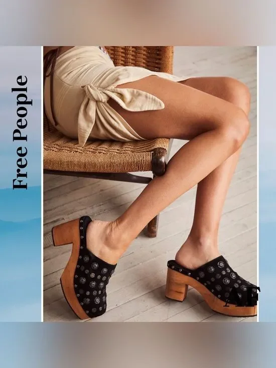 Free People Claudia Black Studded Leather Clog Heels Size 40 New