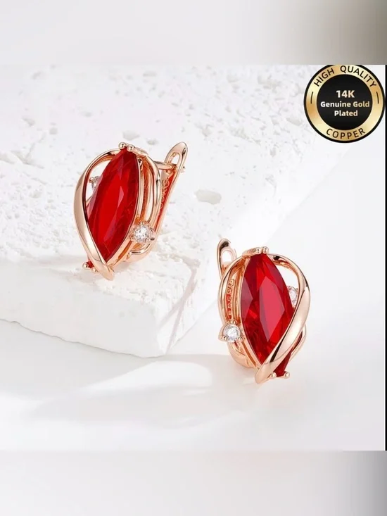 14K Rose Gold Plated Red Crystal Drop Earrings