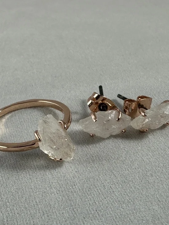 Raw Quartz Crystal Ring and Earring Set Boho Organic Solitaire Studs Rose Gold