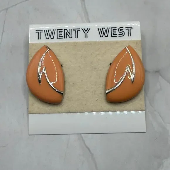 Vintage 1980s Twenty West Peach Enamel Gold Tone Post Earrings on Card