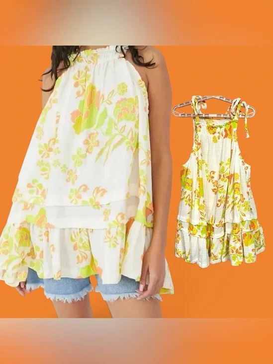 Free People Fleur Dress Top Sz M Cotton Gauze Tiered Tie Shoulder Boho Cottage