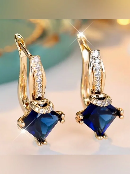 Gold-Plated Navy Blue Crystal Drop Earrings with Pavé Accents