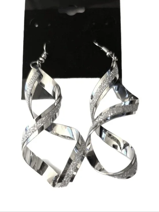 SilverToned Dangle Earrings Lightweight Shiney Textured Twisted Loop