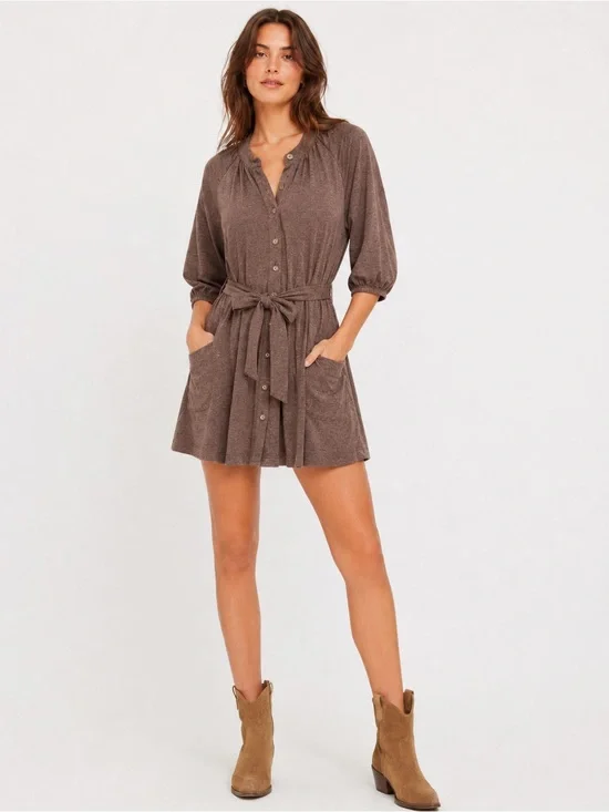 Free People M Brown Heathered Knit Button Front Tie Waist Mini Dress Western