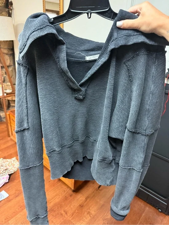 Free People Charcoal Gray Hooded Thermal Pullover