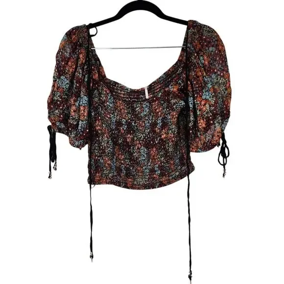 FREE PEOPLE Back On Puff Sleeve Smocked Crop Top Womens Size XS Extra Small