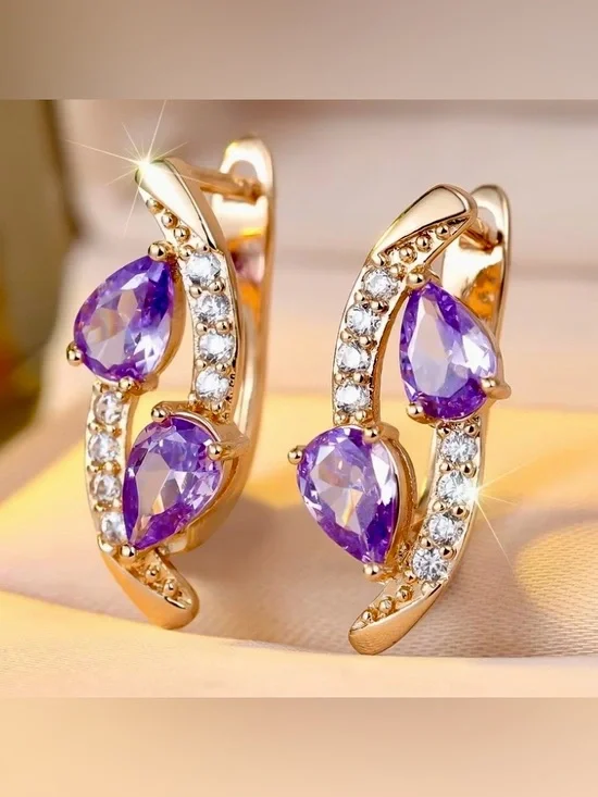 Gold-Plated Earrings with Purple Teardrop Gemstones