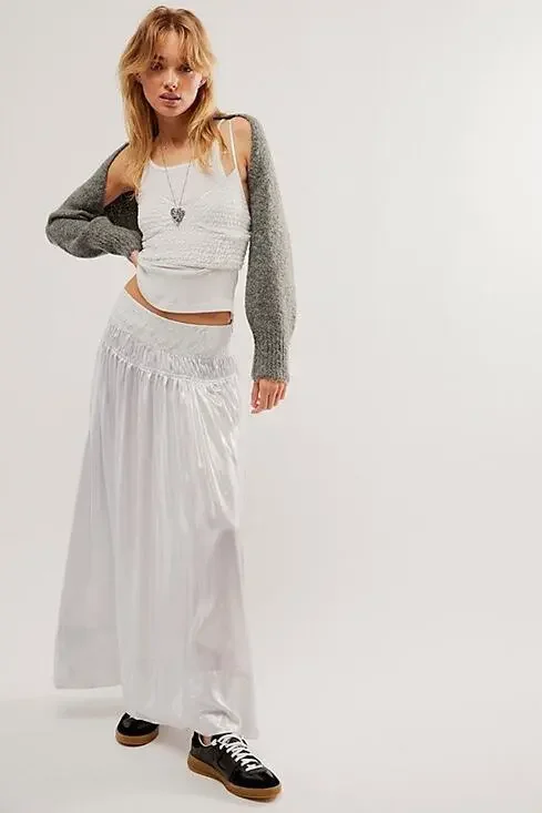New Free People Aster Tiered Maxi Skirt Set $198 X-SMALL Ivory - Metallic