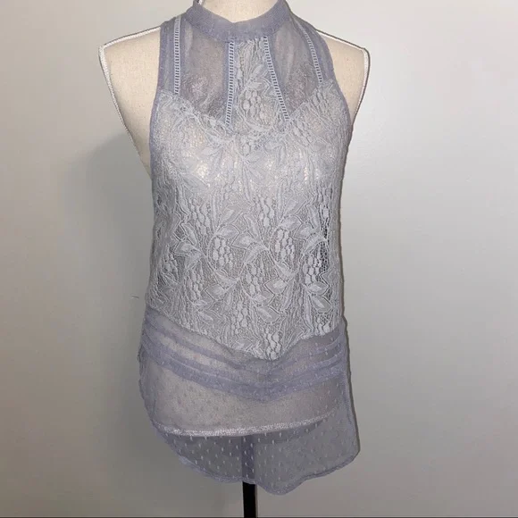Free People Maisie Lace sheer gray mesh high neck sleeveless tunic top size XS