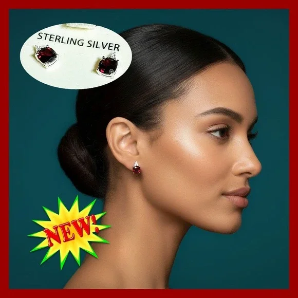 Sterling Silver Genuine Garnet‎ Stud Earrings January Birthstone Red Gift Boxed