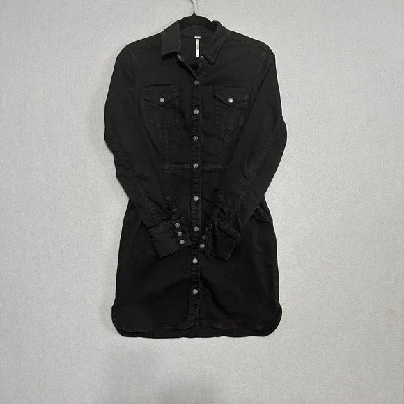 Free People Black Denim Button Down Mini Dress Long Sleeve Size M