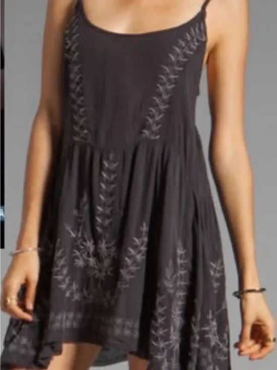 Free People Black Embroidered Asymmetrical Slip Dress - XS