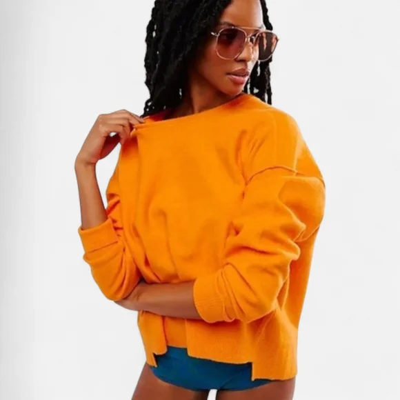 Free People Luna Slouchy Soft Wool Blend Sweater Marigold Orange Oversized Small