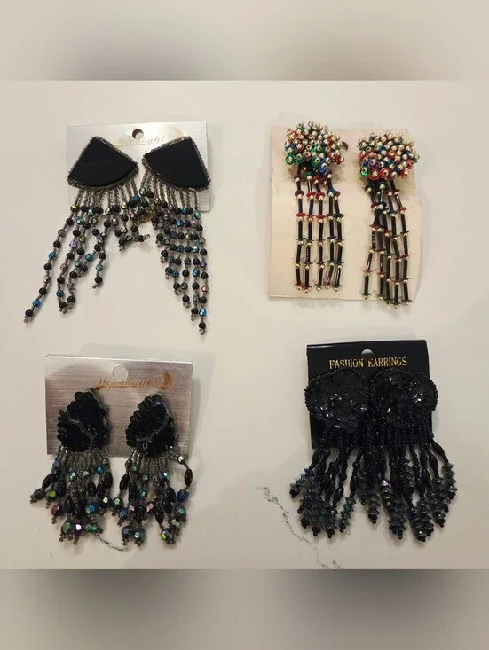 VTG Clip On Pierced Earrings Beaded Runway Chandelier 80s 90s Iridescent Lot 4
