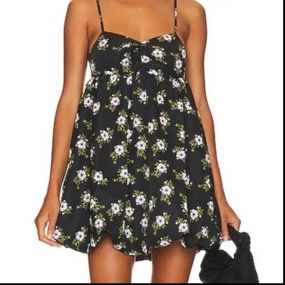 Free People x Anthropologie Black Floral In A Bubble Mini Boho Dress Gown sz XS
