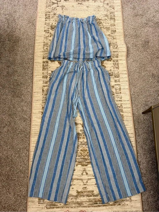 Free People Blue Striped Wide-Leg Pants