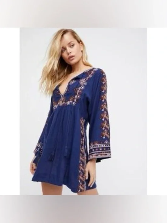 Free People Embroidered Boho Blue Dresses Jolene Bell Sleeve Swing M