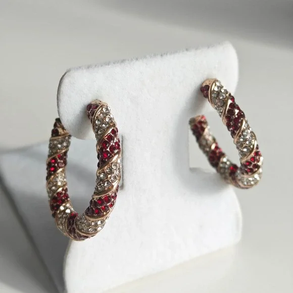 Gold Tone Red Brown Clear Rhinestone Crystal Hoop Earrings Spiral Sparkle Post