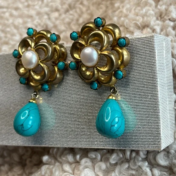Vintage Estate Flower Gold Pearls Glass Turquoises Drop Dangle 2.25”