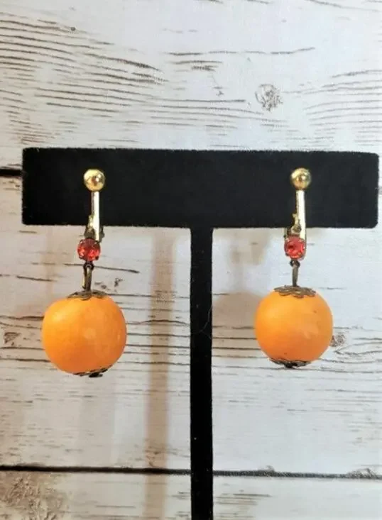 Vintage Clip On Earrings Orange with Red Gem Dangle