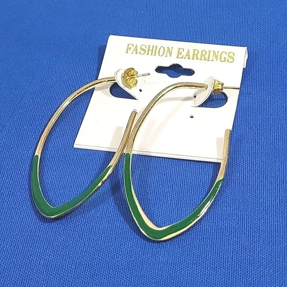 Vintage Earrings Gold Tone Green‎ Enamel J-Hoop Oversized Pierced