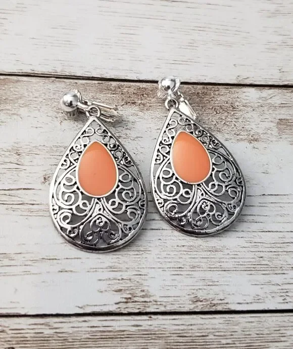 Vintage Clip On Earrings Silver Tone & Orange Ornate Teardrop Shape Dangle