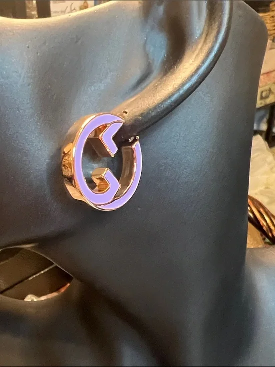 Gold-Tone Purple Enamel Hoop Earrings
