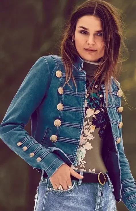 Free People Fitted Military Denim Jacket Blue Cotton US 6 Gold Buttons