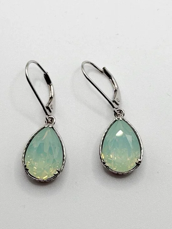 Sterling Silver Mint‎ Green Opal Crystal Teardrop Dangle Earrings Leverback