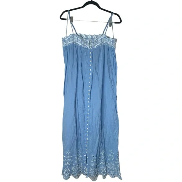 Free People Blue Spaghetti Strap Embroidered Midi Dress