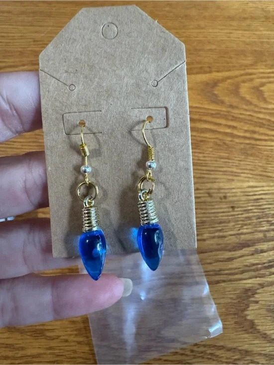Gold-Plated Blue  Teardrop Dangle Earrings - Christmas bulb