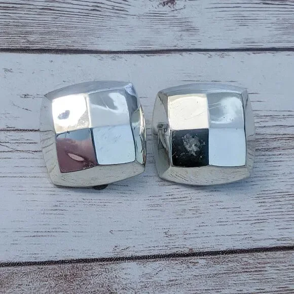 Vintage Clip On Earrings - Chunky Silver Tone - Scuffed