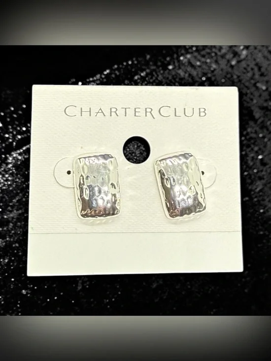 🩶CHARTER CLUB🩶Hammered Silver-Tone Rectangular Link Stud Earrings/NWT