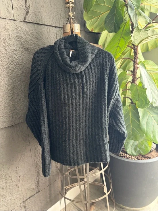 Free People Black Ribbed Cowl Neck Sweater