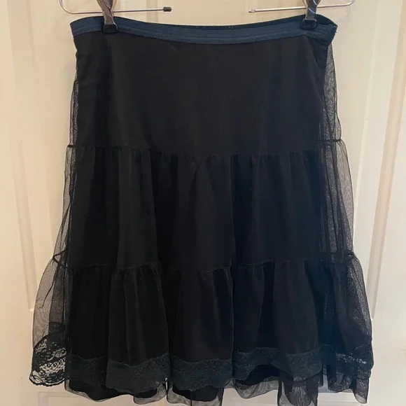 Free People Black Tiered Mesh Blue Lace Trim Mini Skirt Small Ballet Vamp Goth