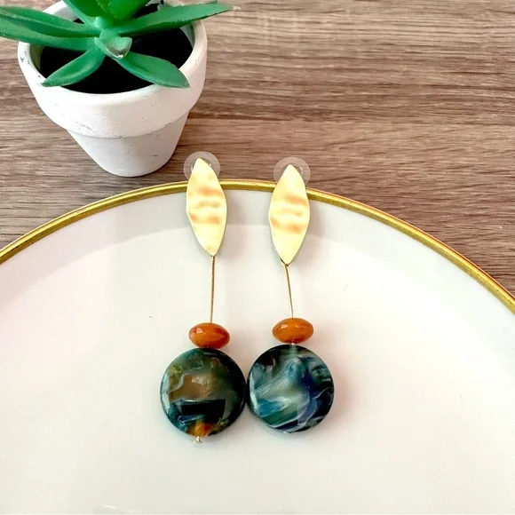 3/$22🩶 Gold Orange & Blue Bead Dangle Earrings Drop Bohemian Linear Jewelry NEW