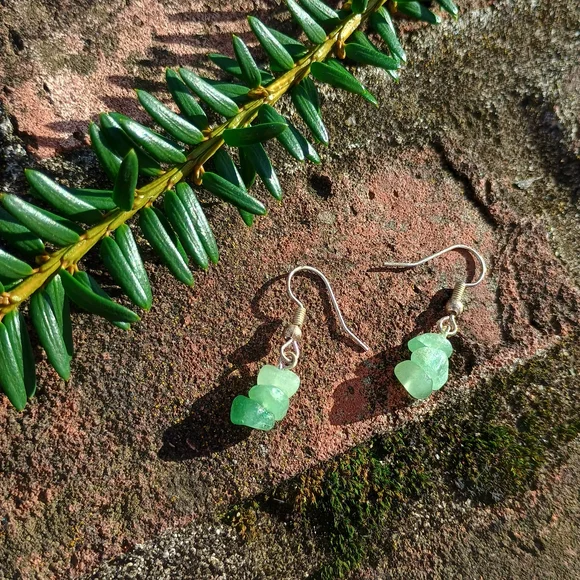 Artisan Crafted dainty stacked green aventurine dangle earrings, gorp core