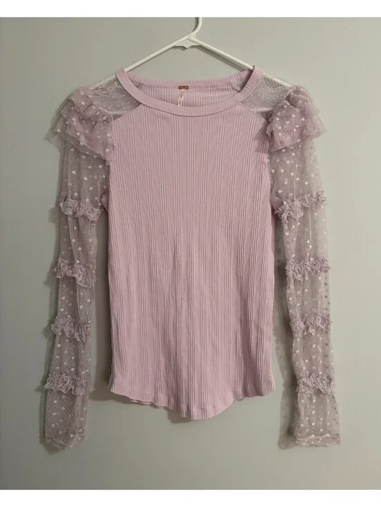 Free People Kiss Kiss Top Ruffle Lace Mesh Sleeve Lavender Large Romatic