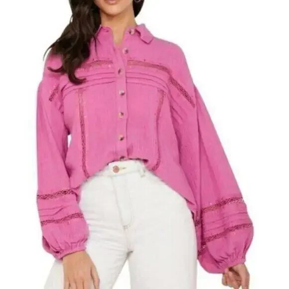 Free People pink crinkle top blouse OB938708 Summer Stars Button Down L