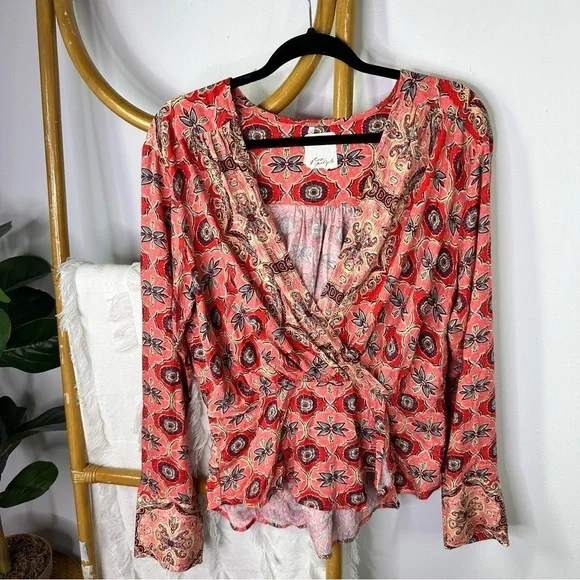 NWT Free People Red and Pink Geometric Blouse sz L